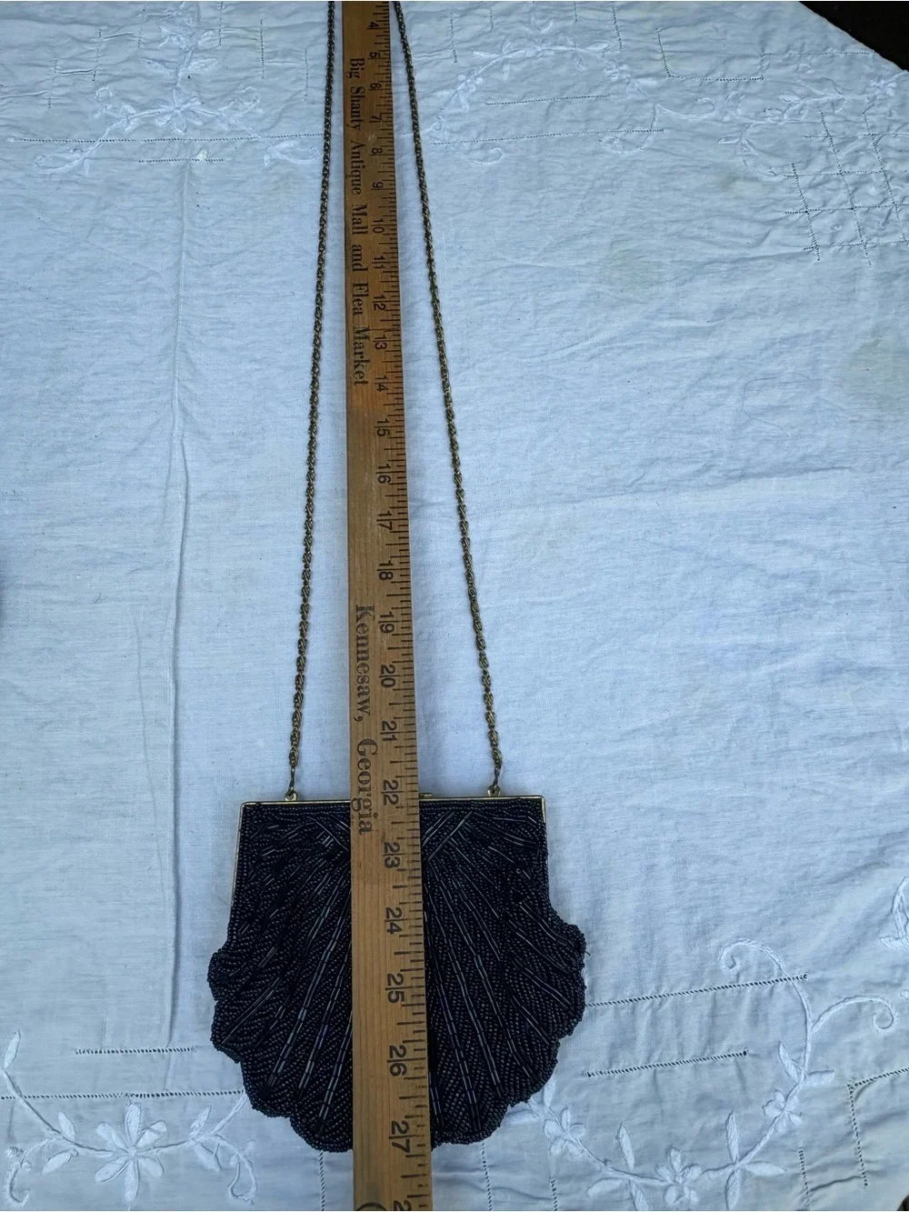 Vintage La Regale Navy Beaded Shell Clutch with Gold Chain